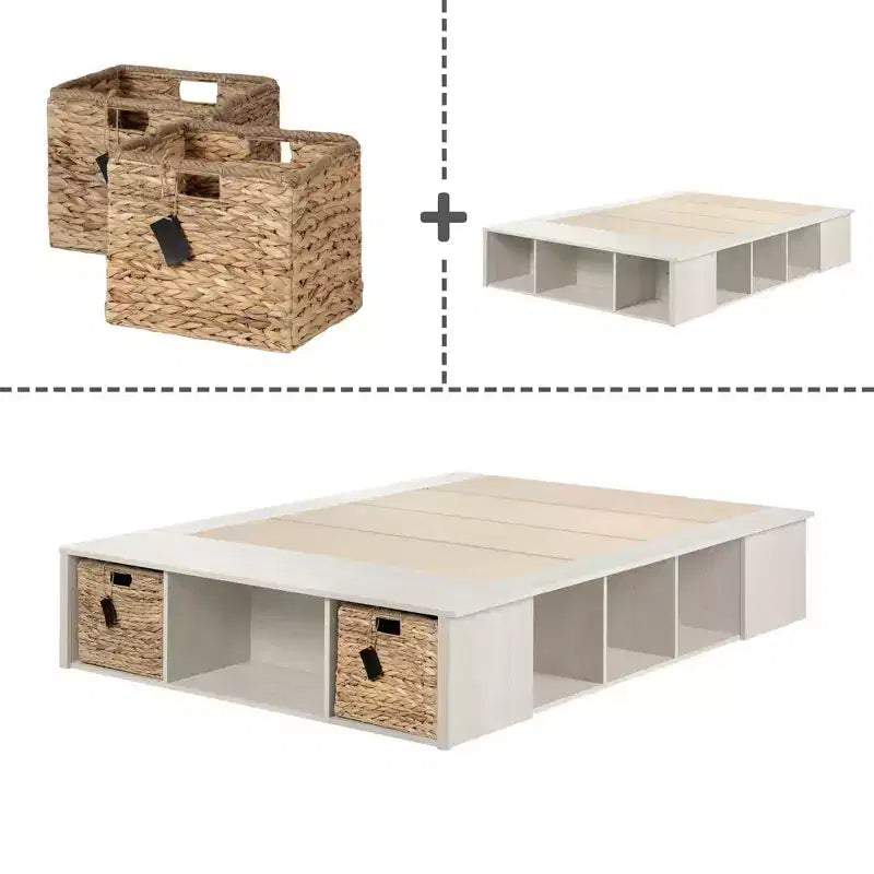 Lit plate-forme de rangement en chêne et rotin avec paniers – Grand lit/Très grand lit, 1–2 personnes