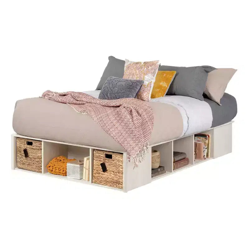 Lit plate-forme de rangement en chêne et rotin avec paniers – Grand lit/Très grand lit, 1–2 personnes