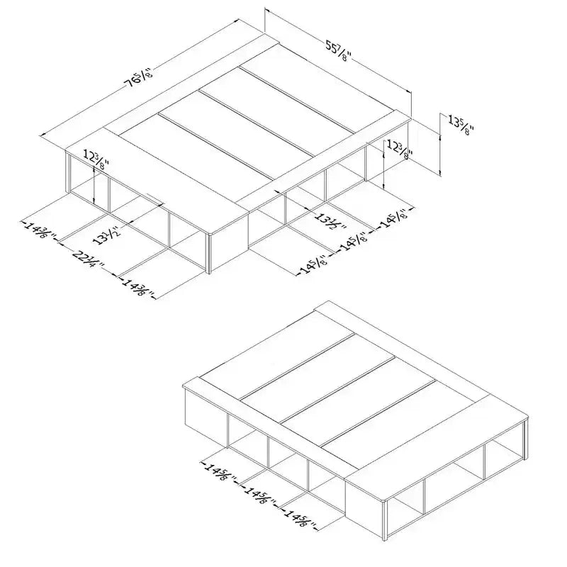 Lit plate-forme de rangement en chêne et rotin avec paniers – Grand lit/Très grand lit, 1–2 personnes
