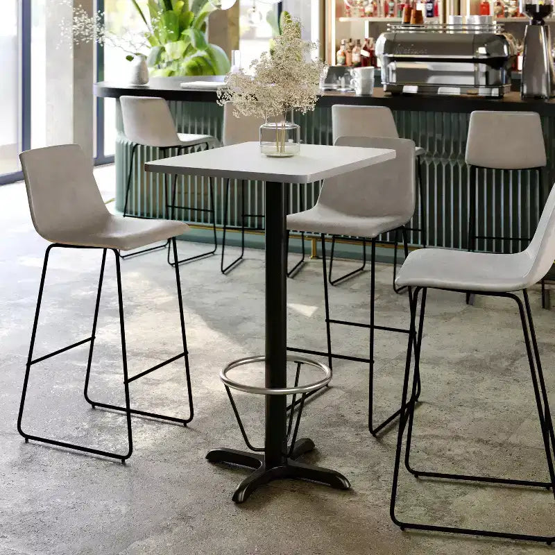 Table rectangulaire gris/blanc, hauteur bar, avec repose-pieds, 2 places