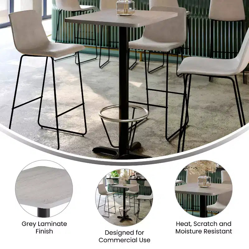 Table rectangulaire gris/blanc, hauteur bar, avec repose-pieds, 2 places