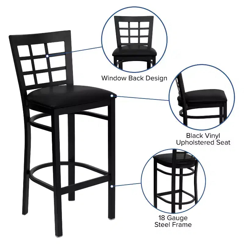 Tabouret de bar en métal noir avec dossier ajouré, rembourré, 1 place
