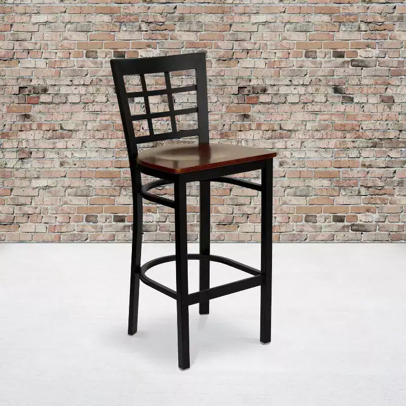 Tabouret de bar en métal noir avec dossier ajouré, rembourré, 1 place