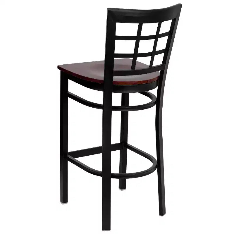 Tabouret de bar en métal noir avec dossier ajouré, rembourré, 1 place