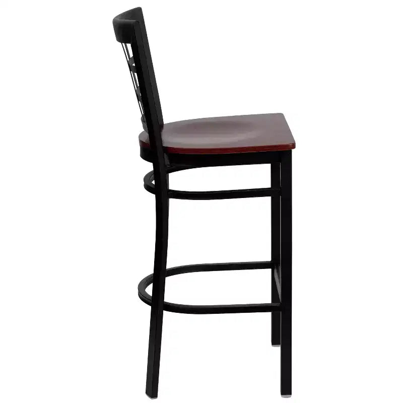 Tabouret de bar en métal noir avec dossier ajouré, rembourré, 1 place