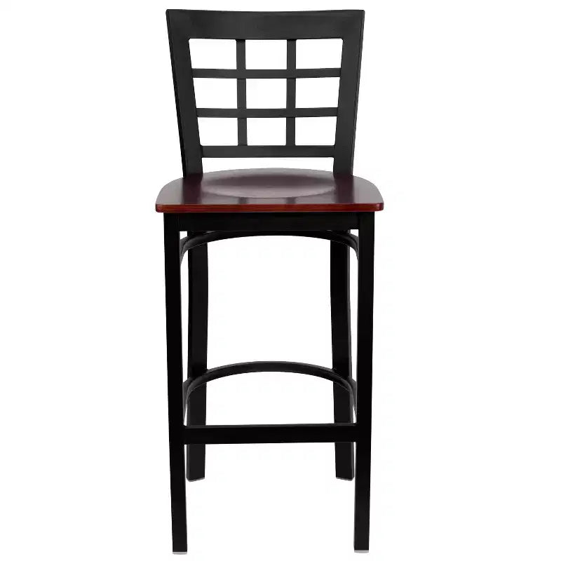 Tabouret de bar en métal noir avec dossier ajouré, rembourré, 1 place