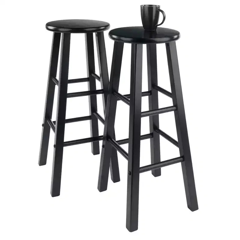 Tabouret de bar rond en bois noir / sans dossier / 2 personnes - Lot de 2