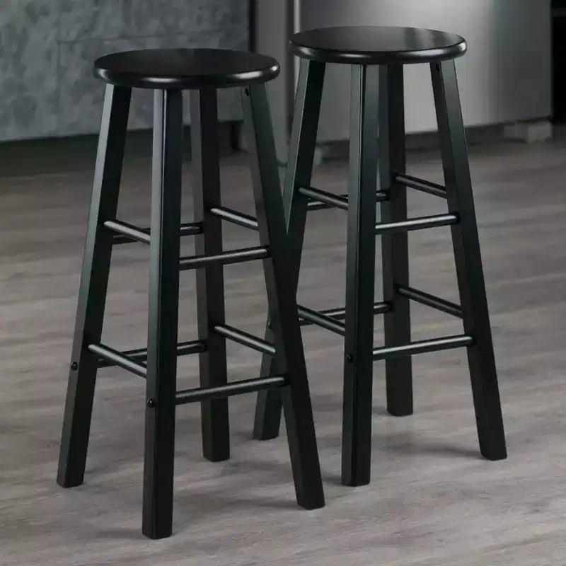 Tabouret de bar rond en bois noir / sans dossier / 2 personnes - Lot de 2