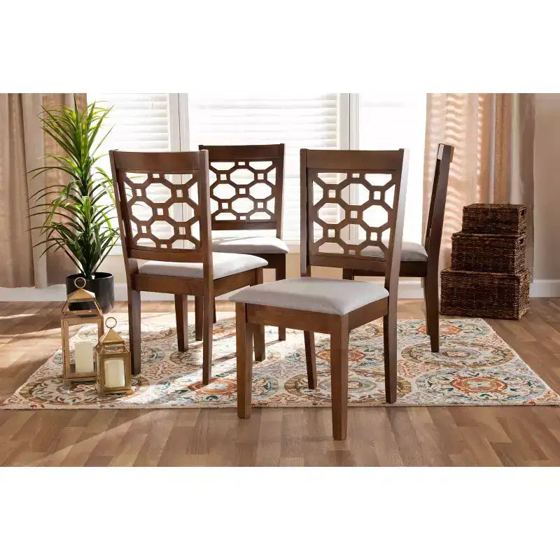 Chaise de salle à manger sans accoudoirs en tissu gris/marron foncé et bois, lot de 4