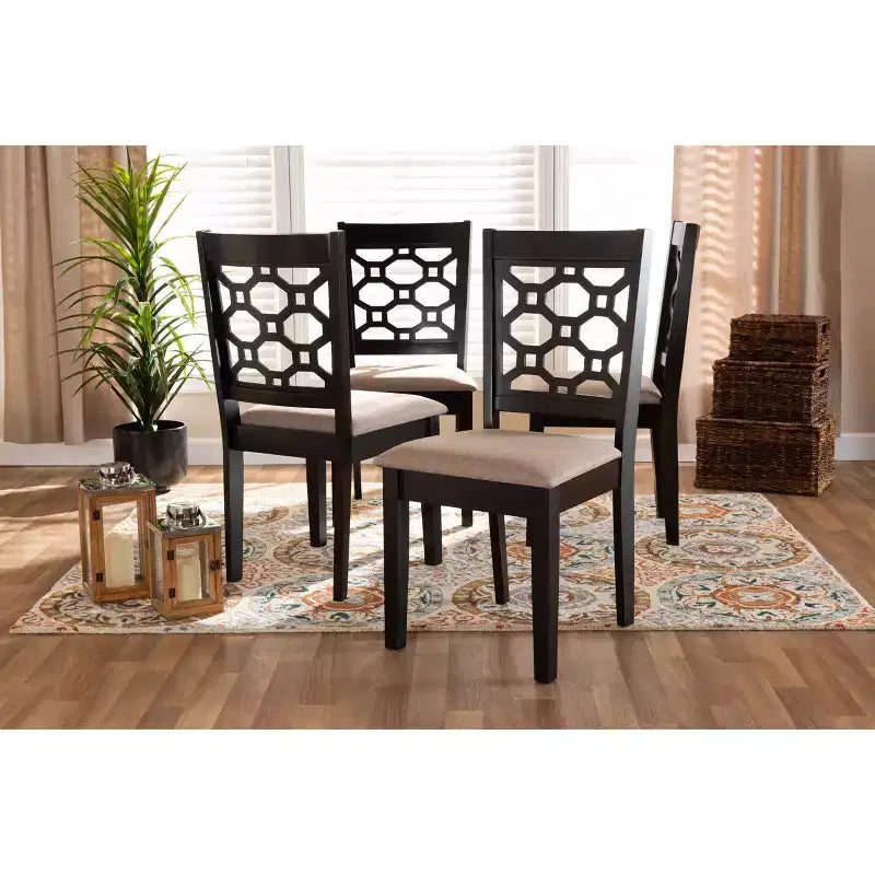 Chaise de salle à manger sans accoudoirs en tissu gris/marron foncé et bois, lot de 4