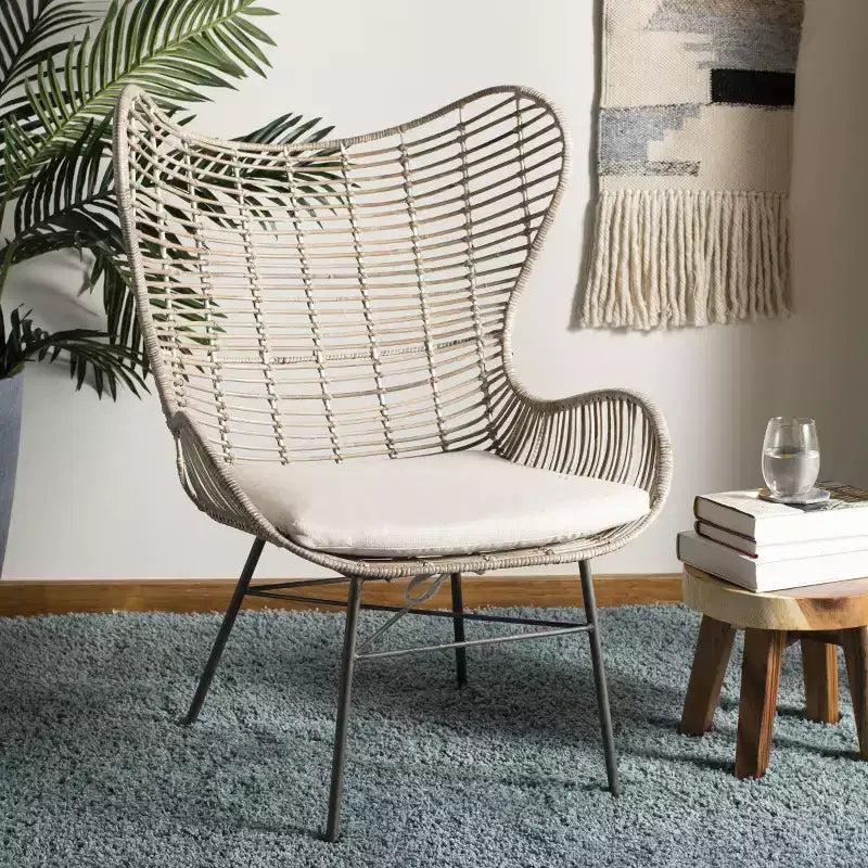 Fauteuil à oreilles en rotin blanc/gris, sans accoudoirs, 1 place